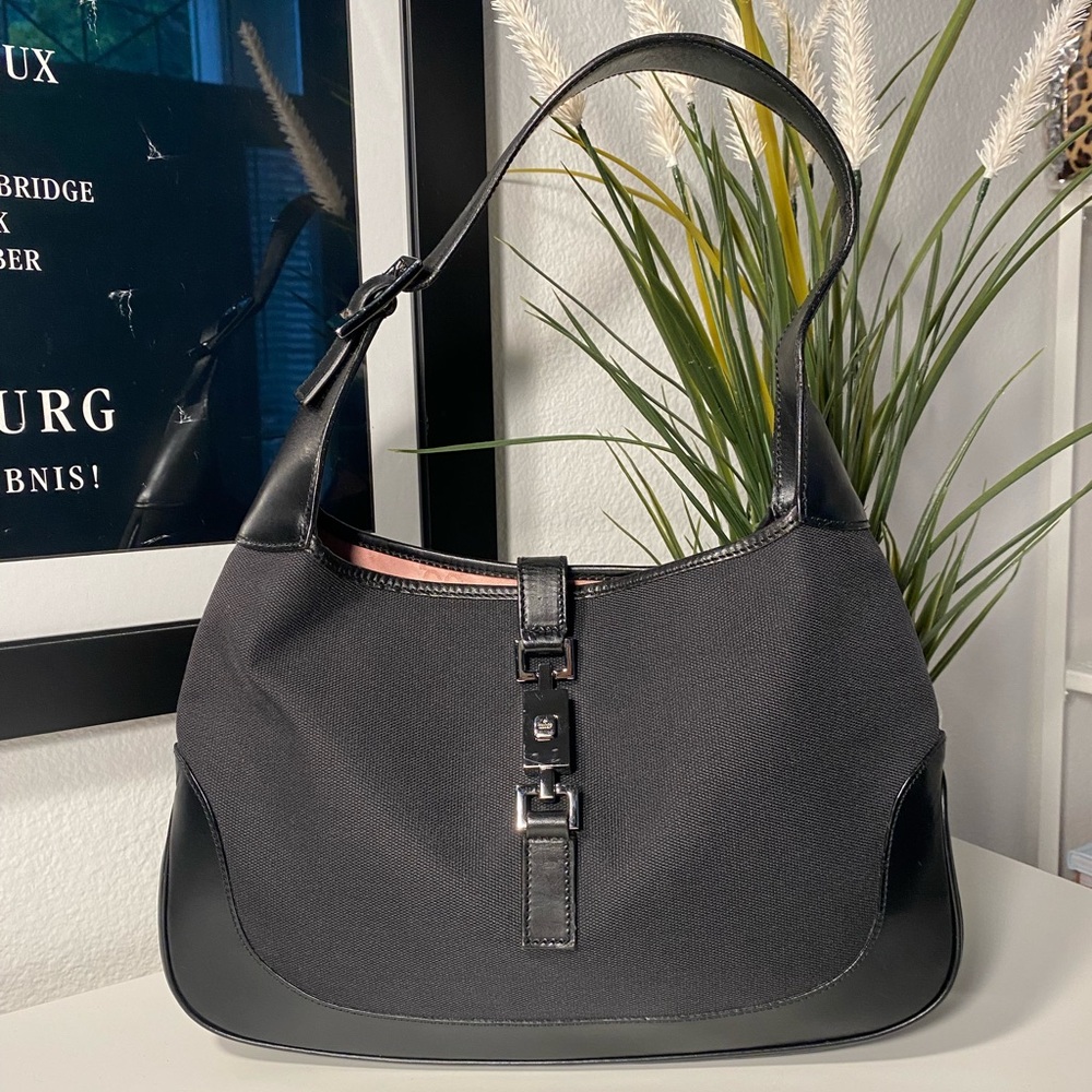 Vintage GUCCI Jackie Hobo Smooth Black Leather/Canvas